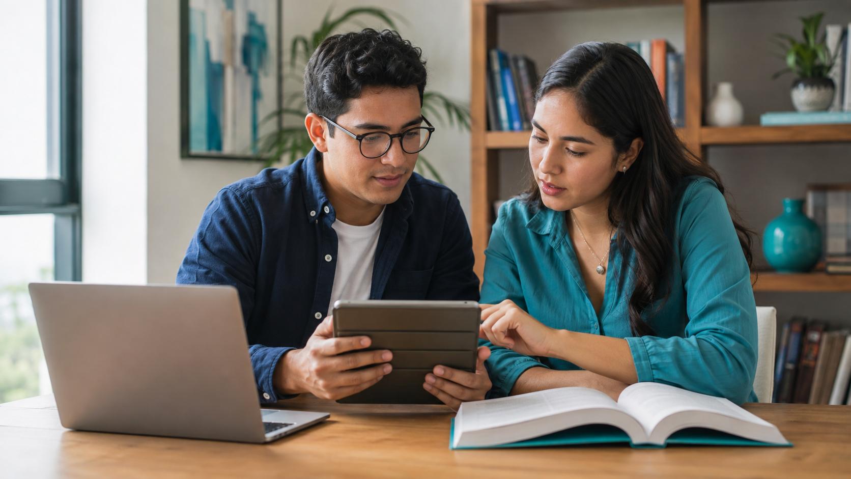 Dos jóvenes revisando juntos un documento académico en una tablet